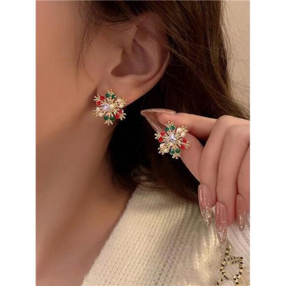 1pair Christmas Festive Multi-Color Rhinestone Snowflake Stud Earrings - Picture 1 of 2